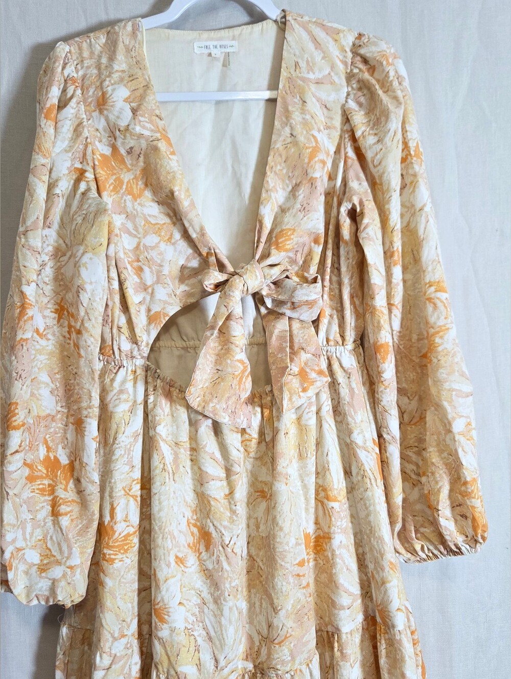 Free with Roses Floral Long-Sleeve Midi Dress in Peach-Beige In Size S